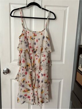 Women’s Floral Tiered Ruffle Dress White Multi Color adjustable straps Large